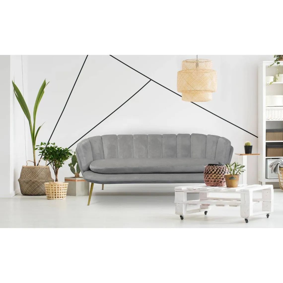 Canapé 3 places arrondi Brenda Velours Argent pieds Or | 3 Suisses