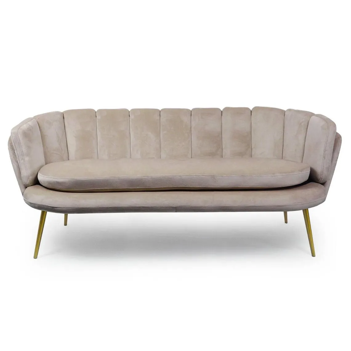 Canapé 3 places arrondi Brenda Velours Taupe pieds Or | 3 Suisses