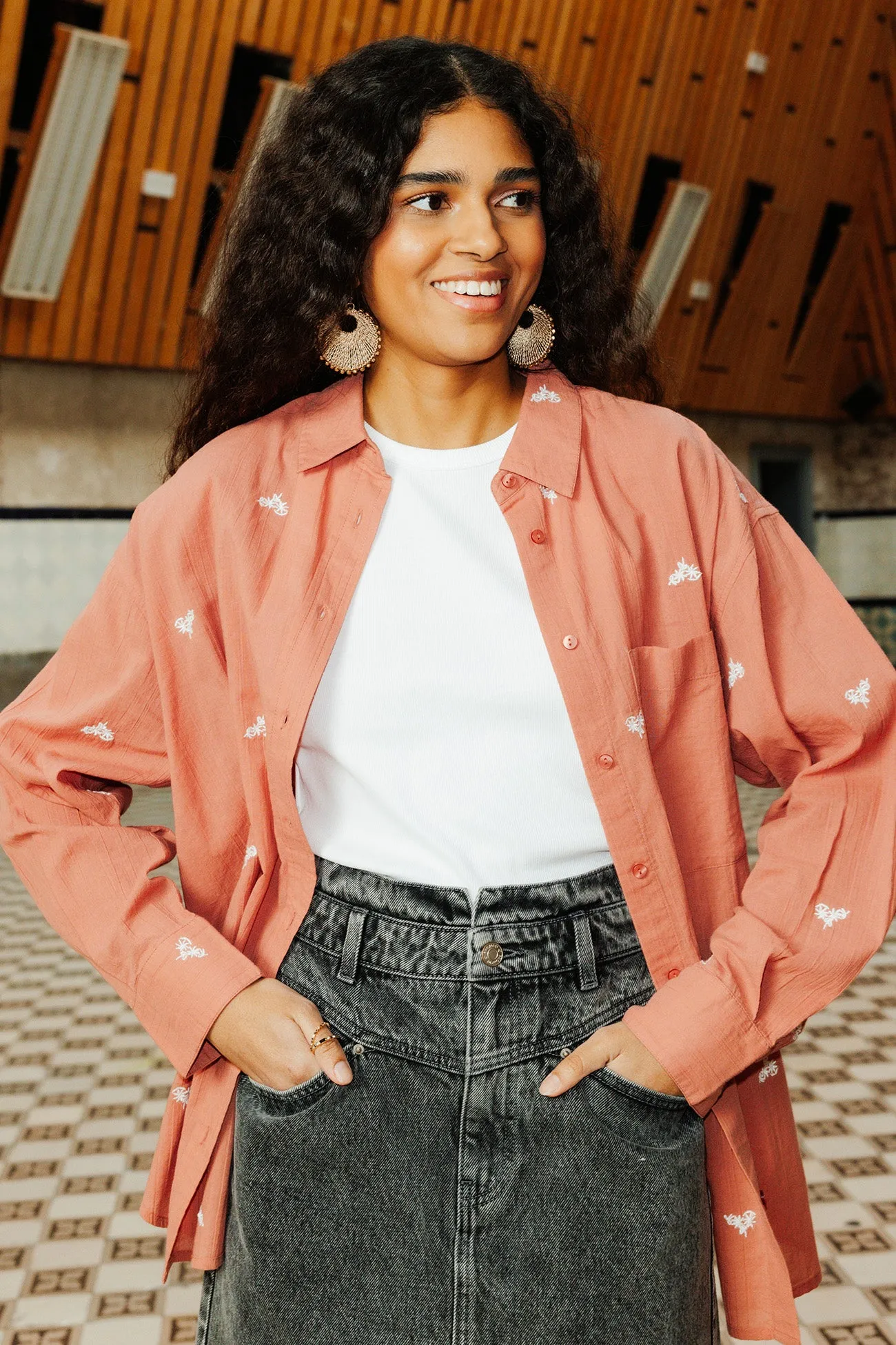 Chemise oversize brodée - Rose