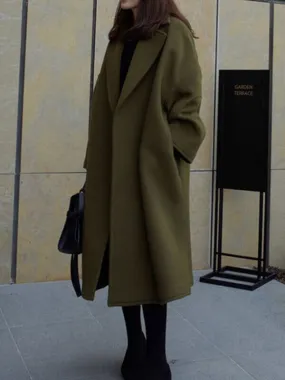 Oversized Manteau Long en Laine à Col Revers avec Ceinture et Poches