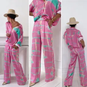 Pantalon fluide rose motifs verts et jaunes