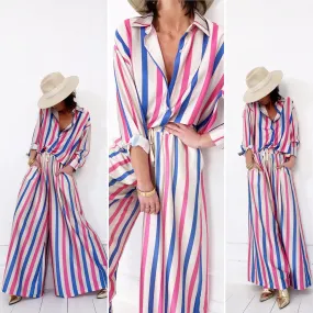 Pantalon fluide satiné rayé rose et bleu