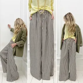 Pantalon noir et beige à rayures taille élastique