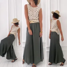 Pantalon satiné évasé kaki foncé