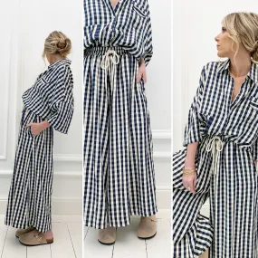 Pantalon à carreaux crème marine