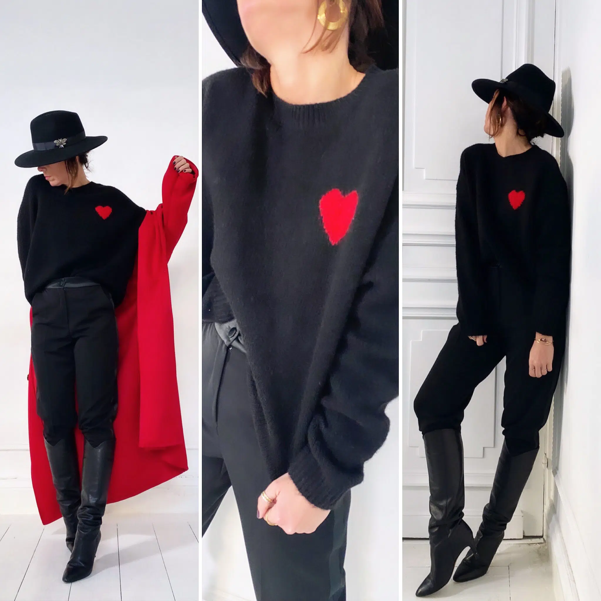 Pull noir coeur rouge